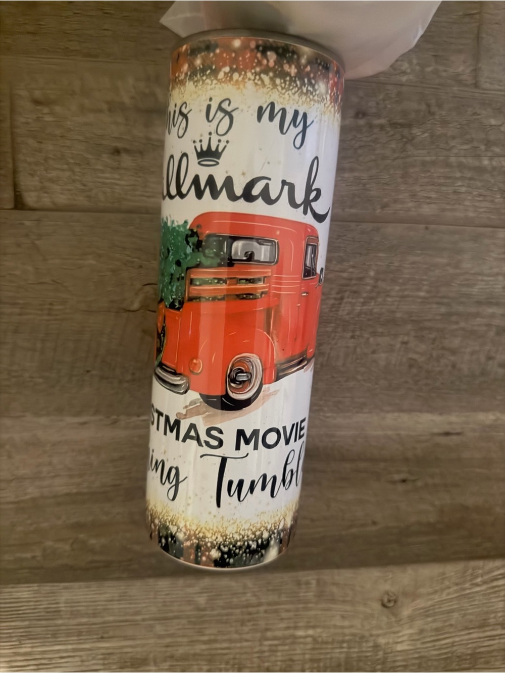 Hallmark White Tumbler with Red Vintage Truck and Green Wreath